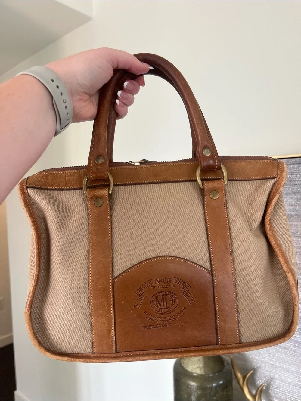 Ghurka Tan Canvas with Brown Leather Trim Satchel